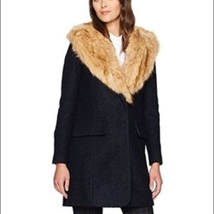 Badgely Mishka Faux Fur Navy Trimmed Coat